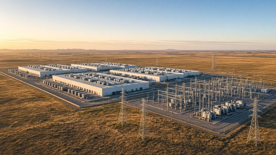 Substation beside a data center at dusk